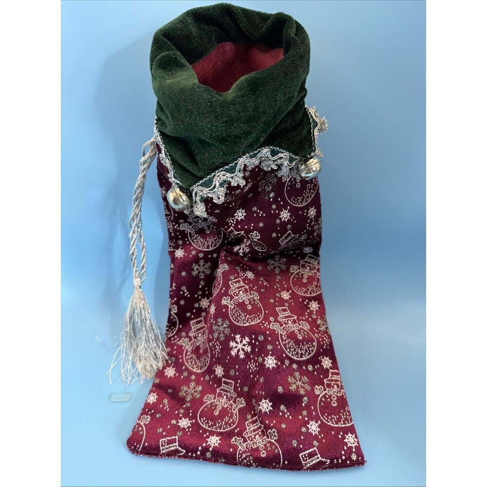 Burgundy Green Silver Velvet Christmas Wine Bag Sack Bells NEW NWT 14” X 5 1/2”
